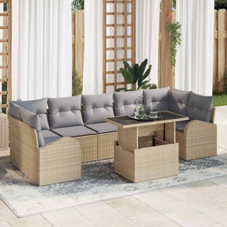 Conjunto de sofá de jardín con cojín 8 pcs Beige Poliratán