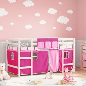 Cama alta para niños con cortinas madera pino rosa 90x200 cm Cama alta para niños con cortinas madera pino rosa 90x200 cm
