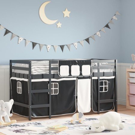 Cama alta niños con cortinas madera pino blanco negro 90x200 cm en Camas y somieres | Comprar online en Foro24