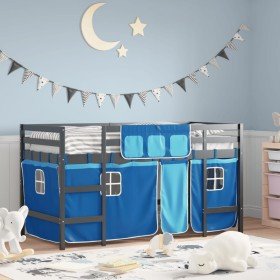 Cama alta para niños con cortinas madera pino azul 90x200 cm Cama alta para niños con cortinas madera pino azul 90x200 cm
