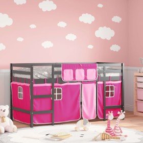 Cama alta para niños con cortinas madera pino rosa 90x200 cm Cama alta para niños con cortinas madera pino rosa 90x200 cm