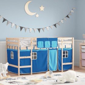Cama alta para niños con cortinas madera pino azul 90x190 cm Cama alta para niños con cortinas madera pino azul 90x190 cm