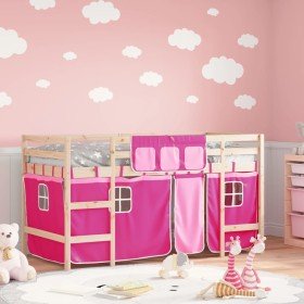 Cama alta para niños con cortinas madera pino rosa 90x190 cm Cama alta para niños con cortinas madera pino rosa 90x190 cm