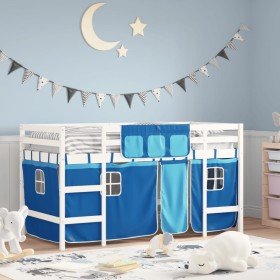 Cama alta para niños con cortinas madera pino azul 90x190 cm Cama alta para niños con cortinas madera pino azul 90x190 cm