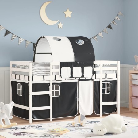 Cama alta niños con túnel madera pino blanco negro 80x200 cm