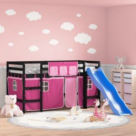Cama alta para niños con cortinas madera pino rosa 80x200 cm en Camas y somieres | Comprar online en Foro24