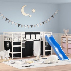 Cama alta niños con cortinas madera pino blanco negro 90x190 cm en Camas y somieres | Comprar online en Foro24