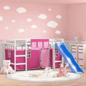 Cama alta para niños con cortinas madera pino rosa 90x190 cm Cama alta para niños con cortinas madera pino rosa 90x190 cm