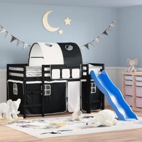 Cama alta niños con túnel madera pino blanco negro 90x190 cm Cama alta niños con túnel madera pino blanco negro 90x190 cm