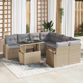 Conjunto de sofá de jardín con cojín 9 pcs Beige Poliratán