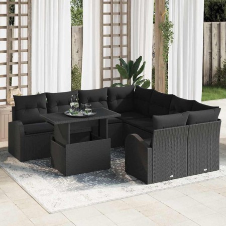 Conjunto de sofá de jardín con cojín 9 pcs Negro Poliratán