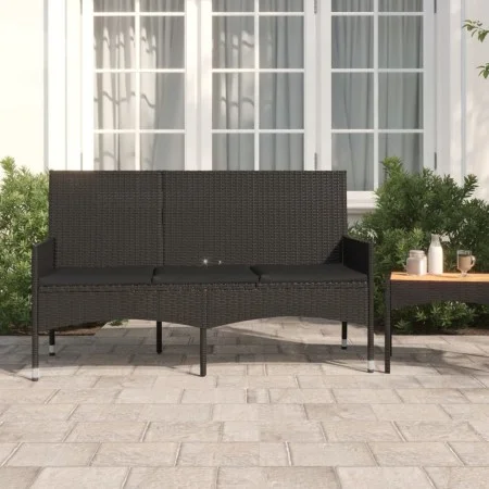 Banco de jardín de 3 plazas con cojines ratán sintético negro de vidaXL, Bancos de jardín - Ref: Foro24-319494, Precio: 113,2...
