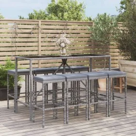 Garden table and high stools 9 pieces and gray PE rattan cushions by vidaXL, Garden sets - Ref: Foro24-3187638, Price: 368,52...
