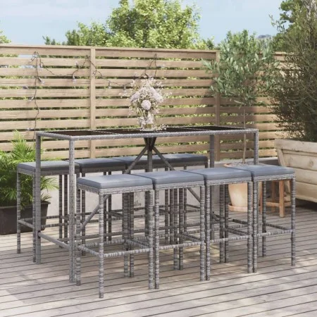 Garden table and high stools 9 pieces and gray PE rattan cushions by vidaXL, Garden sets - Ref: Foro24-3187638, Price: 368,52...