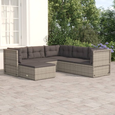 Set de muebles de jardín 6 pzas y cojines ratán sintético gris