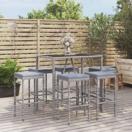 Mesa y taburetes altos jardín y cojines 7 pzas ratán PE gris de vidaXL, Conjuntos de jardín - Ref: Foro24-3187636, Precio: 30...