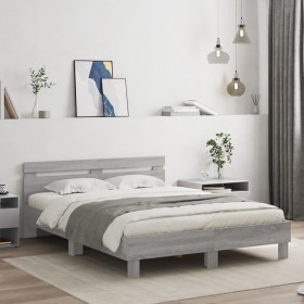 Estructura de cama cabecero y luces LED gris Sonoma 150x200 cm