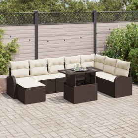Conjunto de sofá de jardín con cojín 9 pcs Marrón y crema
