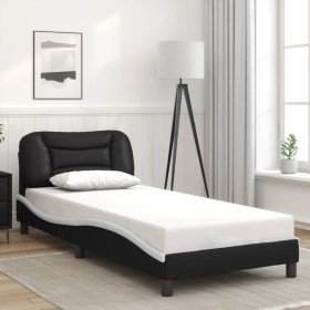 Cama con cabecero cuero sintético negro y blanco 80x200 cm Cama con cabecero cuero sintético negro y blanco 80x200 cm