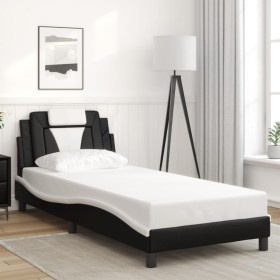 Estructura cama cabecero cuero sintético negro blanco 90x200 cm