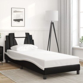 Estructura cama cabecero cuero sintético negro blanco 90x200 cm Estructura cama cabecero cuero sintético negro blanco 90x200 cm