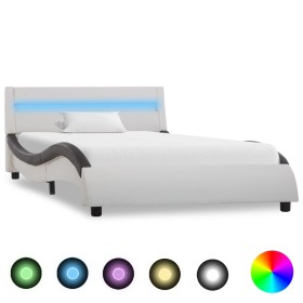 Estructura cama con LED cuero sintético blanco negro 90x200 cm