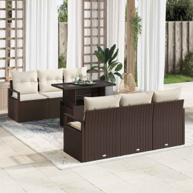 Conjunto de sofá de jardín con cojín 7 pcs Marrón y crema