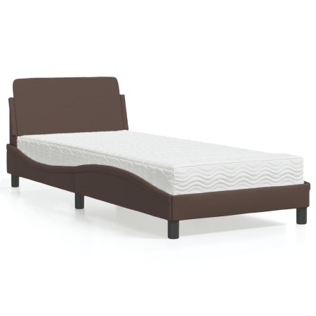 Cama con colchón cuero sintético marrón 90x200 cm