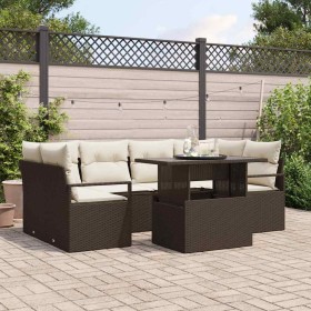 Conjunto de sofá de jardín con cojín 7 pcs Marrón y crema