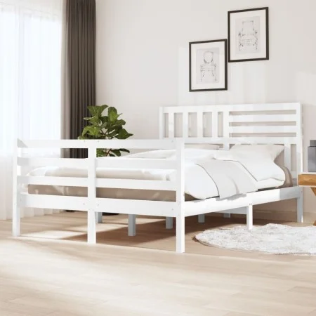 White solid wood double bed frame 135x190 cm by vidaXL, Beds and slatted bases - Ref: Foro24-3101064, Price: 155,10 €, Discou...