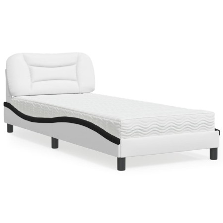 Cama con colchón cuero sintético blanco y negro 90x200 cm