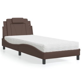 Cama con colchón cuero sintético marrón 90x190 cm