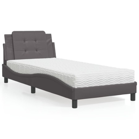 Cama con colchón cuero sintético gris 100x200 cm