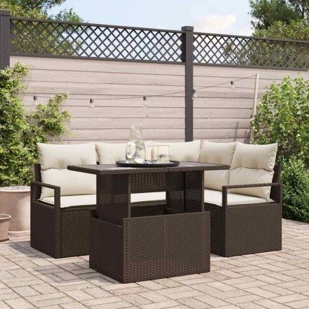 Conjunto de sofá de jardín con cojín 5 pcs Marrón y crema