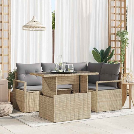 Conjunto de sofá de jardín con cojín 5 pcs beige y gris claro