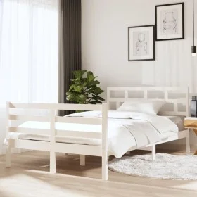 White solid wood double bed frame 135x190 cm by vidaXL, Beds and slatted bases - Ref: Foro24-3101259, Price: 146,71 €, Discou...