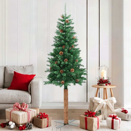 Árbol de Navidad delgado madera auténtica y piñas PVC 180 cm