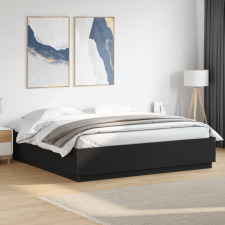 Estructura cama con luces LED madera ingeniería negro 200x200cm
