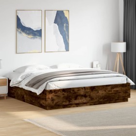 Estructura cama con luces LED madera roble ahumado 200x200 cm