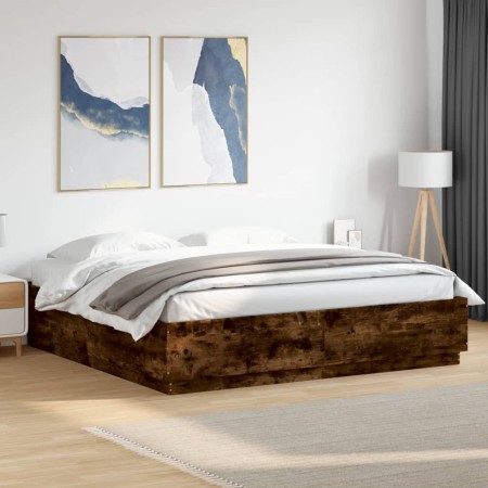Estructura cama con luces LED madera roble ahumado 200x200 cm
