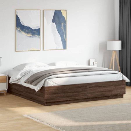 Estructura de cama con luces LED madera roble marrón 200x200 cm