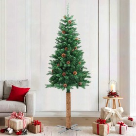Árbol de Navidad delgado madera auténtica y piñas PVC 210 cm