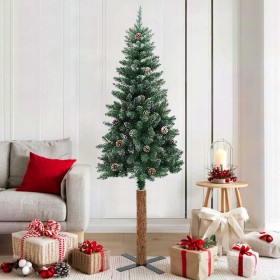 Árbol de Navidad estrecho con madera real y nieve 180 cm verde