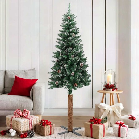 Árbol de Navidad estrecho con madera real y nieve 180 cm verde