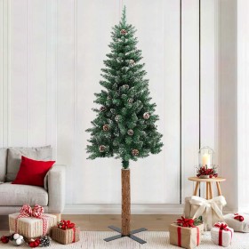 Árbol de Navidad delgado madera auténtica y piñas PVC 210 cm