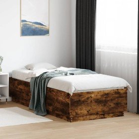 Estructura cama con luces LED madera roble ahumado 100x200 cm Estructura cama con luces LED madera roble ahumado 100x200 cm