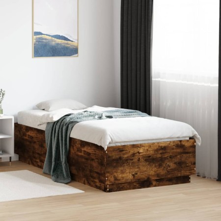 Estructura cama con luces LED madera roble ahumado 75x190 cm