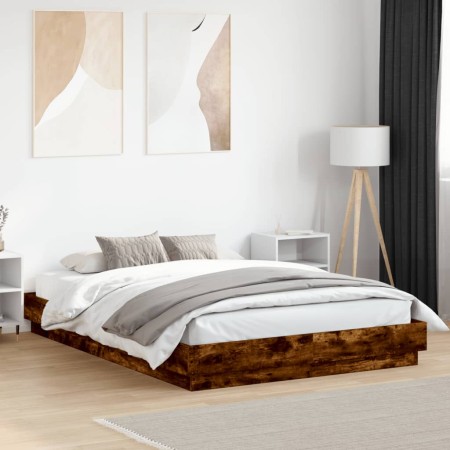 Estructura de cama con luces LED roble ahumado 120x200 cm