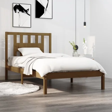 Honey brown solid pine wood bed frame 100x200 cm by vidaXL, Beds and slatted bases - Ref: Foro24-3104056, Price: 101,19 €, Di...