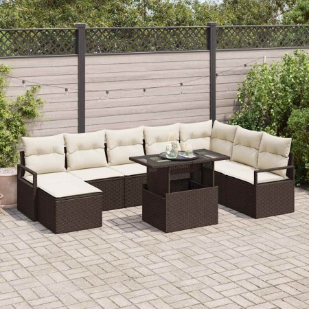 Conjunto de sofá de jardín con cojín 9 pcs Marrón y crema